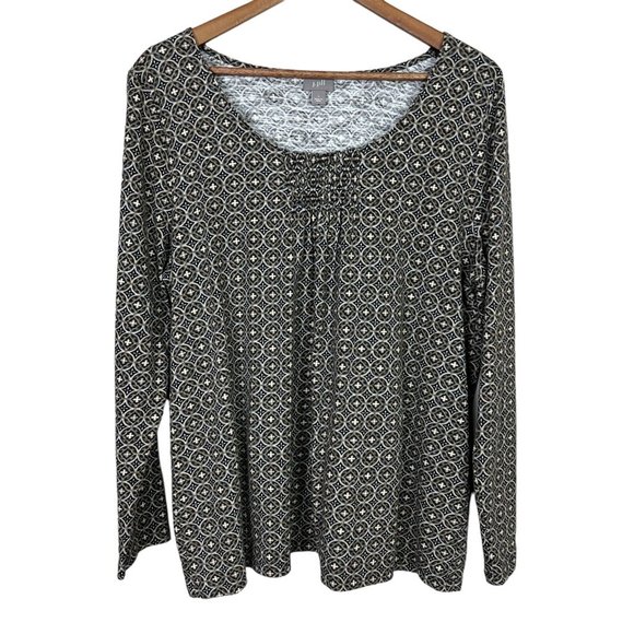 J. Jill Top Womens Large Black‎ Brown Beige Long Sleeve Geometric Pintuck Scoop - Picture 1 of 9